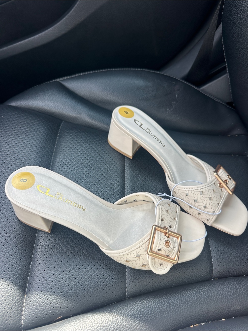 Women's Cream Buckle Block Heel Mules